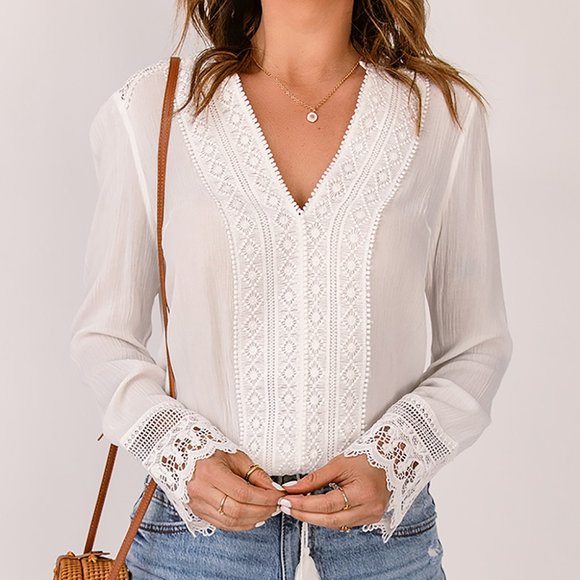 Boho Lace Applique White Blouse - Picture 2 of 10